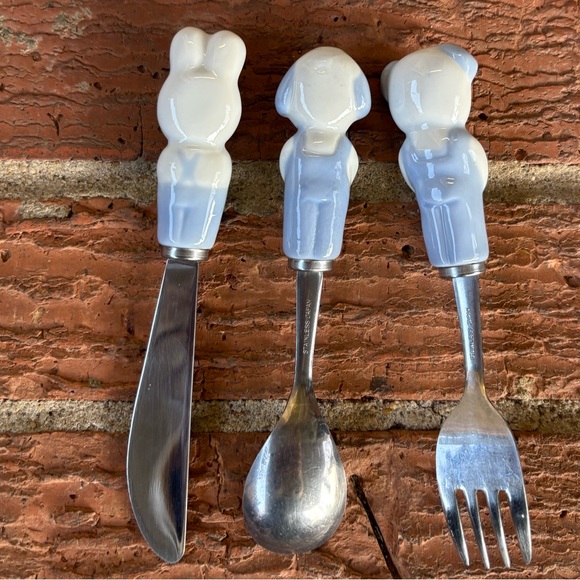 Vintage Lillian Vernon Ceramic Animal Top 3pc Baby Cutlery Set Spoon Fork Knife - Picture 2 of 4